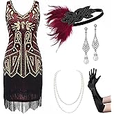 BABEYOND Women’s Flapper Dresses Set 1920s V Neck Beaded Fringed Great Gatsby Dress with Accessories Set