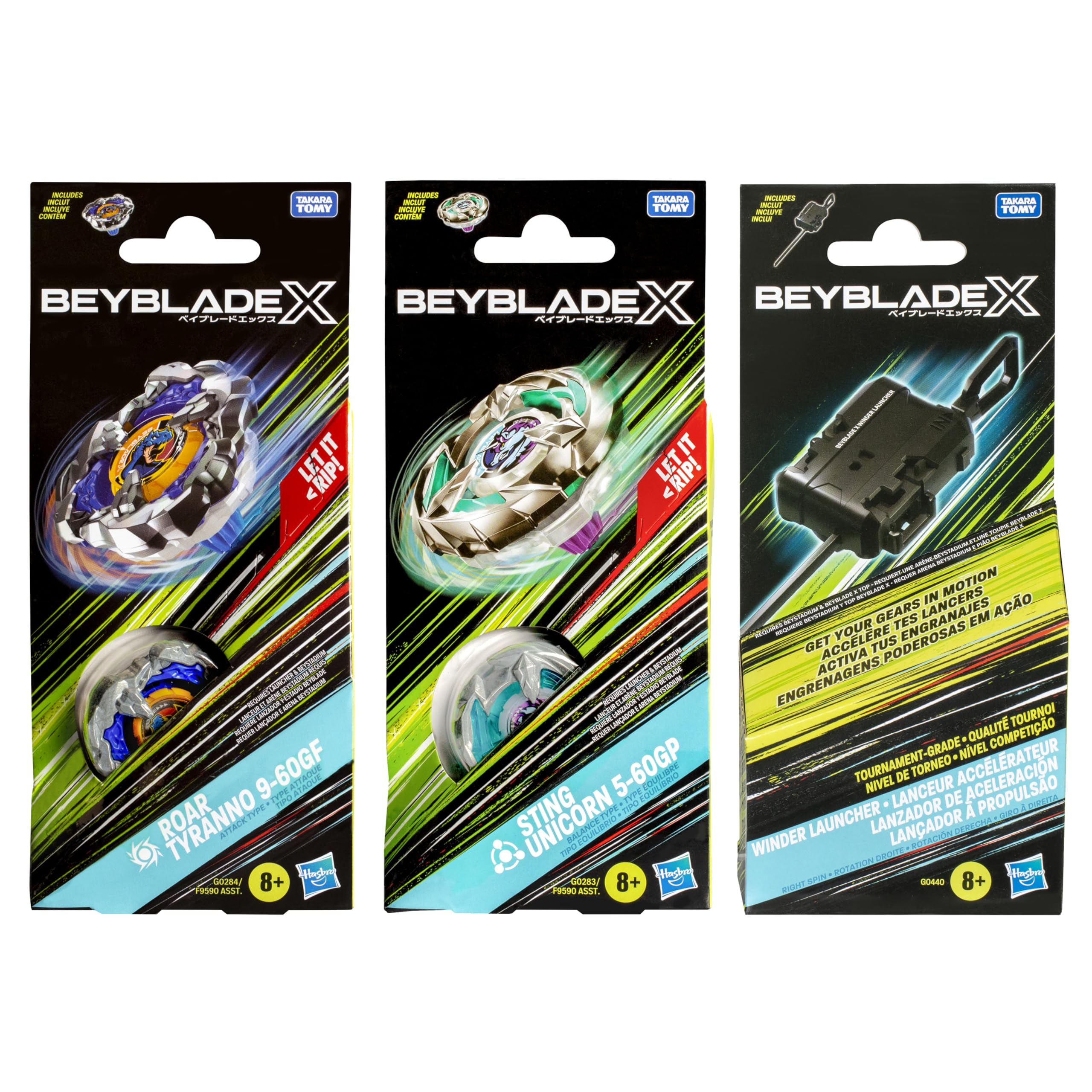 Beyblade X Roar Tyranno 9-60GF, Sting Unicorn 5-60GP & Official Winder Launcher Bundle Pack (Amazon Exclusive)