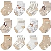 JAKIDAR Baby Toddler Grip Socks, 12 Pairs Non-Slip Crew Cotton Socks for Girls Boys