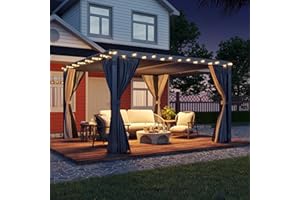 YOLENY Louvered Pergola 10x10, All Aluminum Pergola with Adjustable Rainproof Roof, Outdoor Gazebo with Curtains and Nets for Patio & Garden, Dark Grey