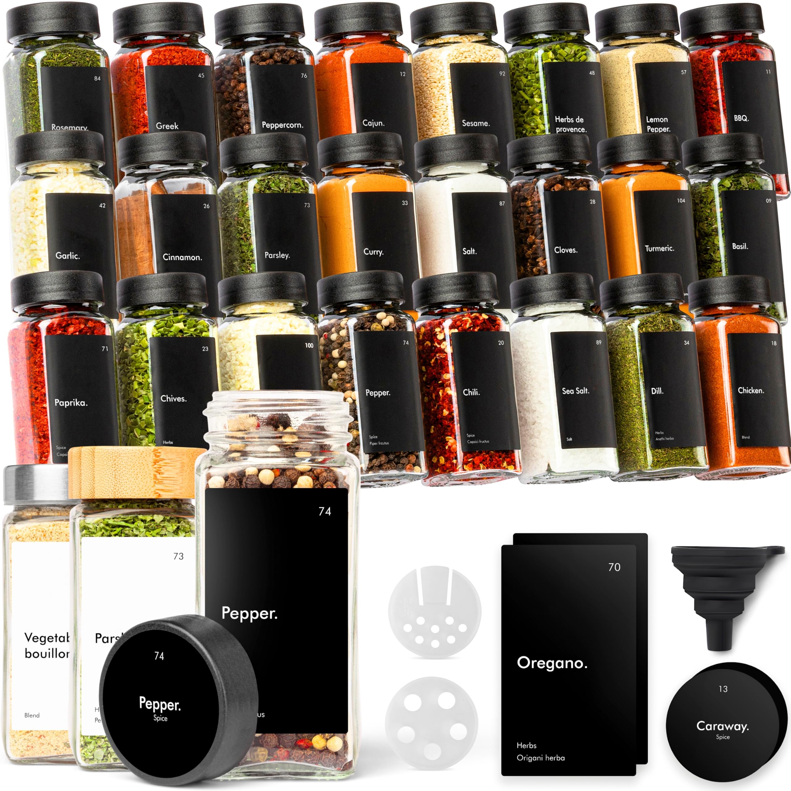 KIVY Glass Spice jars with Label & Shaker Lids [24x 4oz] Airtight Seasoning Containers for Cabinet & Drawer - Empty Spice Bottles - Spice containers with labels - Black spice jars with black lids Image