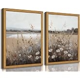 2PCS Framed Retro Countryside Field Style Wildflower Canvas Wall Art | Botanical Floral landscape Poster Print Artwork for Living Room Bedroom Bathroom Home Decoration Visit the Bexzeak Store
