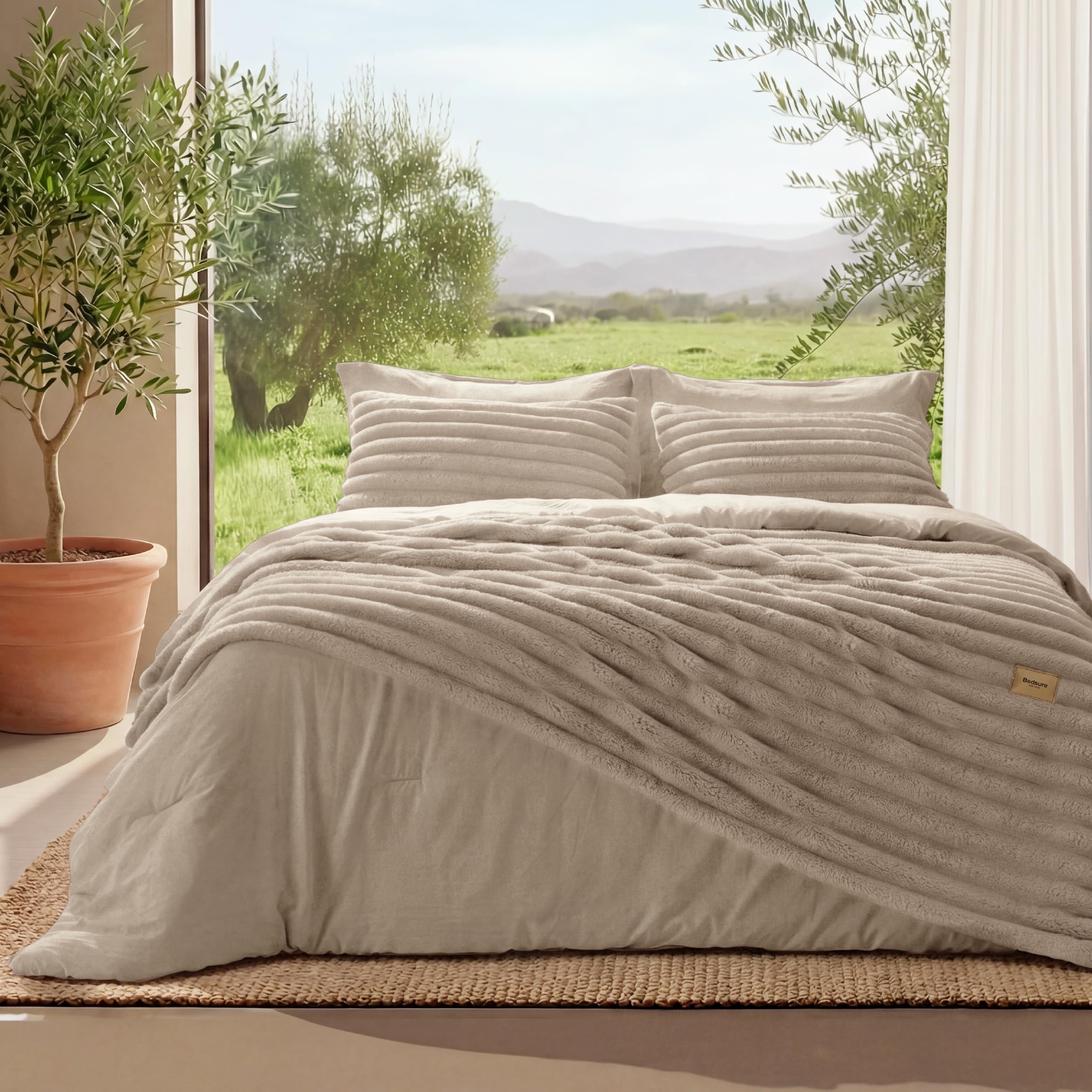 Photo 1 of Bedsure Gentlesoft 2-in-1 Queen Comforter Set and Detachable Fluffy Blanket, Beige Bedding Set for All Season Use, SnapTech Design for Space Saving (Includes 2 Pillow Shams, 2 Pillowcases)