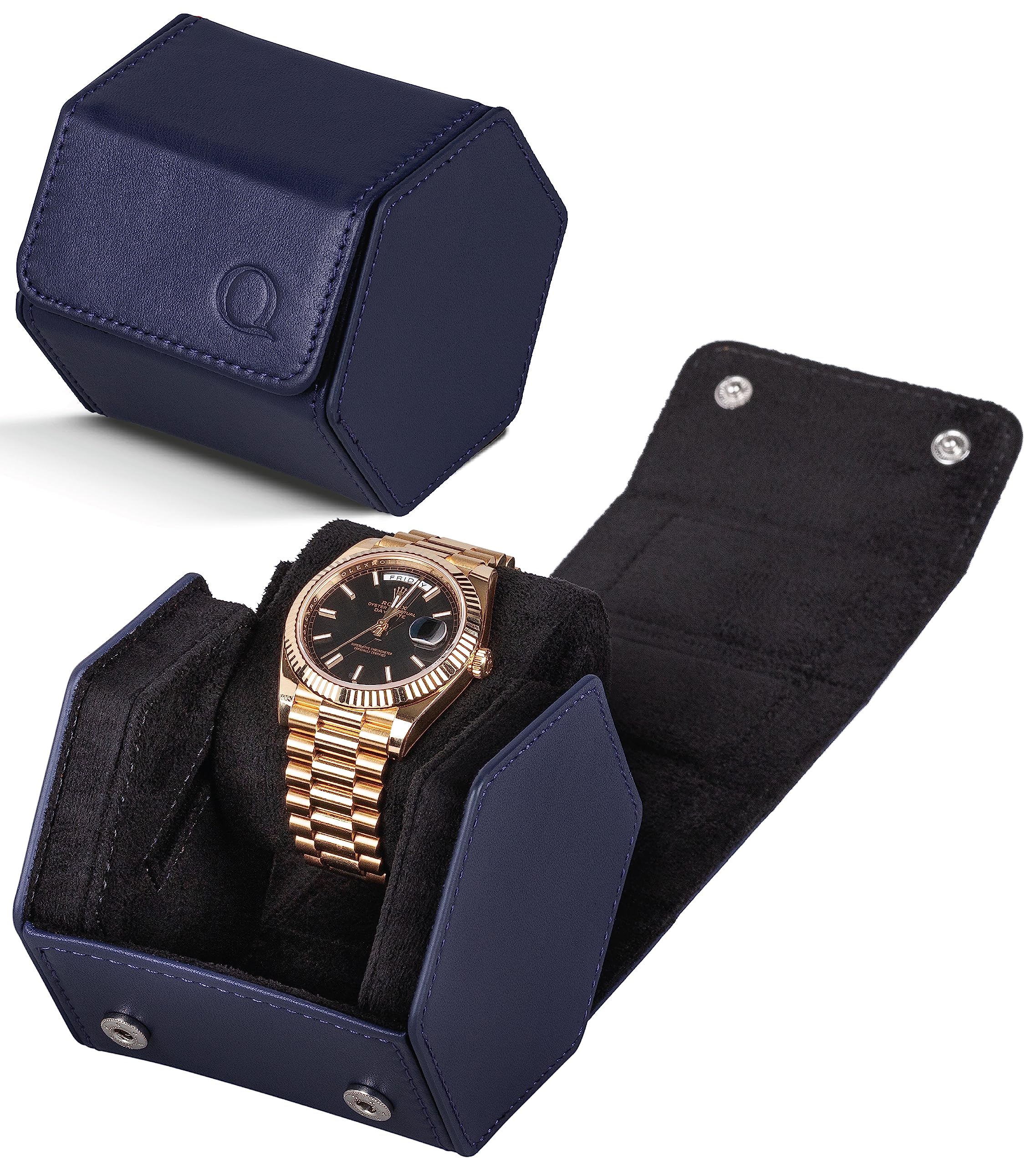 QWATCHBANDS Leather Watch Cases for Men Hexagon Single Double Watch  Roll Travel Case Genuine Napa Leathe