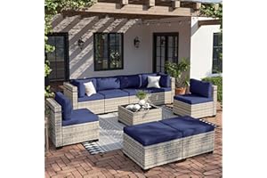 Sweecci 9-Piece Patio Furniture Set, Outdoor with Ottomans, Modular Patio Sofa, Dual-Strand Wicker Rattan, Rust-Resistant Frame, Backyard Furniture for Garden, Deck, Navy Blue