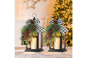 JOHUNT Christmas Decorative Lantern Indoor, 14" Black Lantern with Timer, Vintage Lanterns Waterproof with Battery Operated Candle, Outdoor Hanging Lanterns for Porch Patio Wedding Decor Xmas Gifts