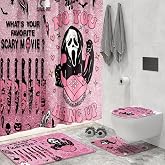 4 Pcs Pink Horror Shower Curtain Set with Rugs,Halloween Bathroom Decor | Funny Gothic Bathroom Set with Hooks Mats and Accessories,Polyester Fabric,For Bathroom,Guest Bath,Dorm, Apartment