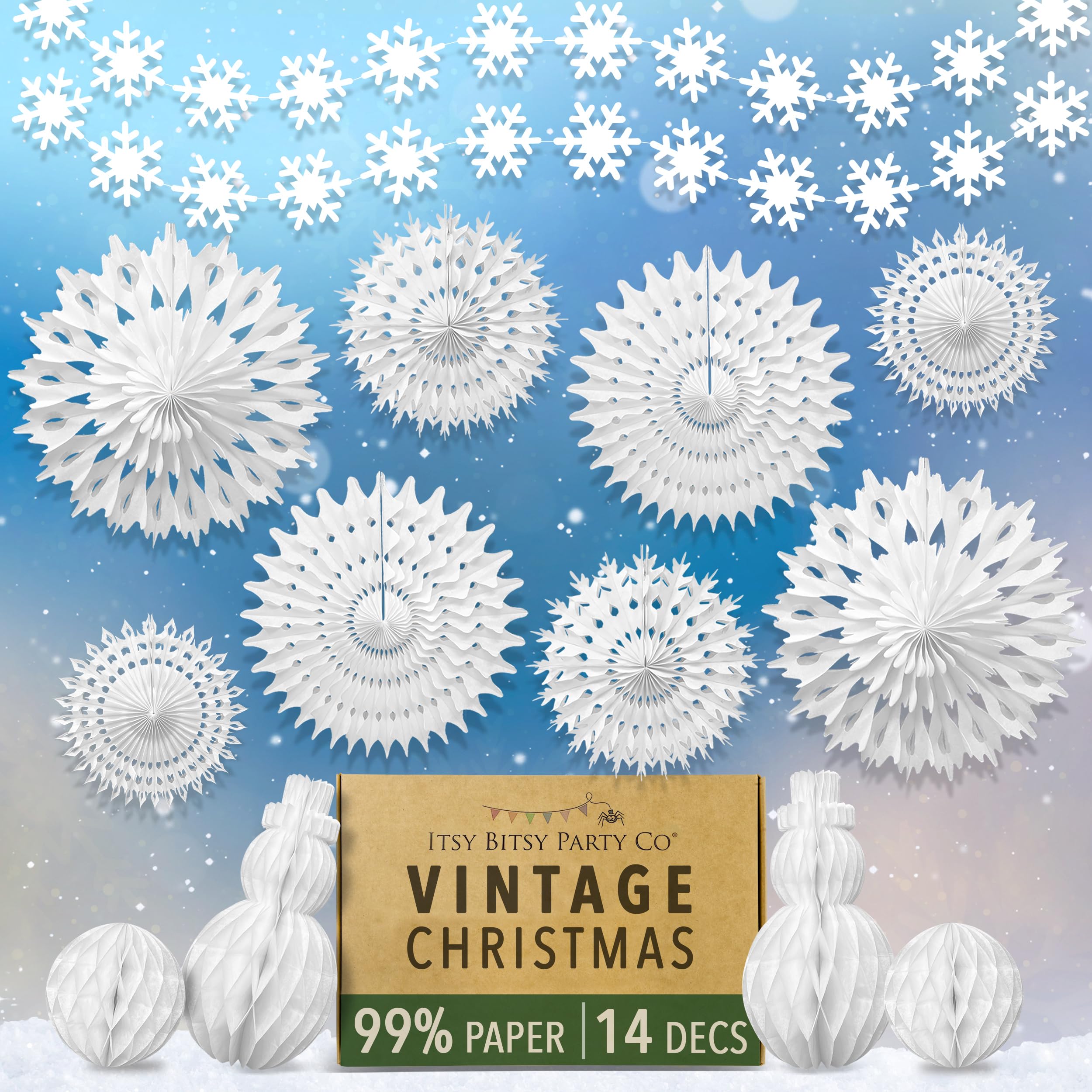 Premium Reusable Paper Christmas Decorations - White Christmas Decorations with Velcro Fasteners - Honeycomb Paper Snowflakes, Snowmen, Snowballs, and Snowflake garlands - Winter Wonderland Decor