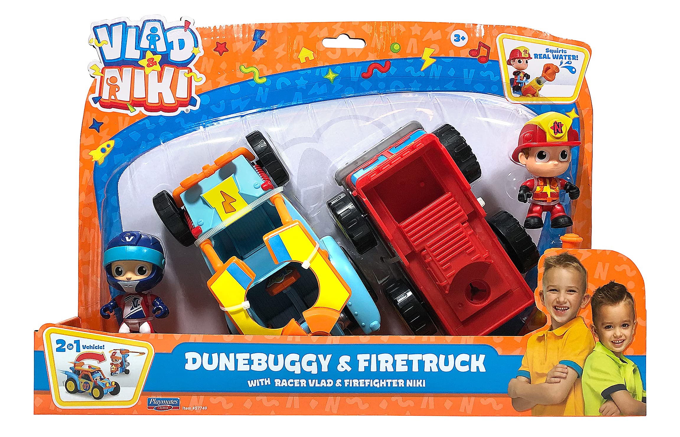 BANDAI Vlad & Niki Crazy Fun Vehicles - Water Blasting Fire Truck with Firefighter Niki & Dune Buggy with Racer Vlad- Pack of 2 Vehicles with Fun Features and Accessories, Multicolor, P57749