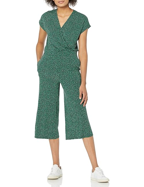 Amazon Essentials Women's Short-Sleeve Surplice Cropped Wide-Leg Jumpsuit with Elastic Waist, Clouds Print, Small