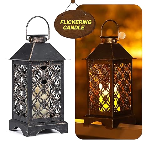 Solar Lantern Indoor Or Outdoor 4leafclover Bronze Antique Metal Construction Solar Powered Hanging Lantern Or Tabletop With Led Flickering Candle