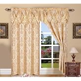 Elegant Comfort Jacquard Look Curtain Panel Set with Attached Waterfall Valance, (Set of 2), 54 x 84 Inches, Beige