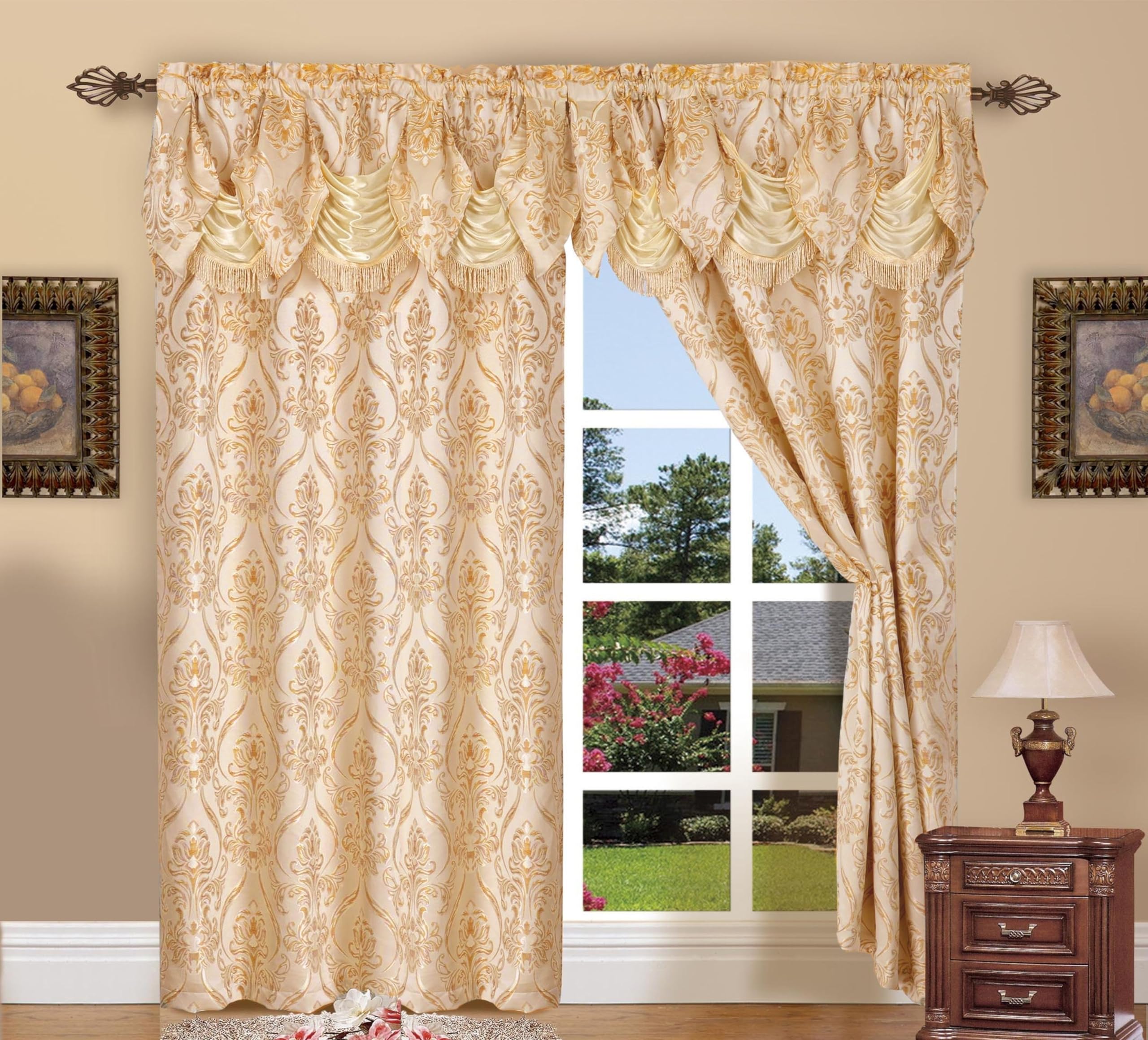 Elegant Comfort Penelopie Jacquard Look Curtain Panel Set, 54 by 84-Inch, Beige, Set of 2 — image 1