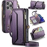 Strapurs Wallet Case Compatible with iPhone 16 Pro 6.3" RFID Blocking 10-Card Holder Soft PU Leather Magnetic Snap Shoulder Strap Zipper Pocket Phone Case Fit for iPhone 16 Pro for Women - Purple
