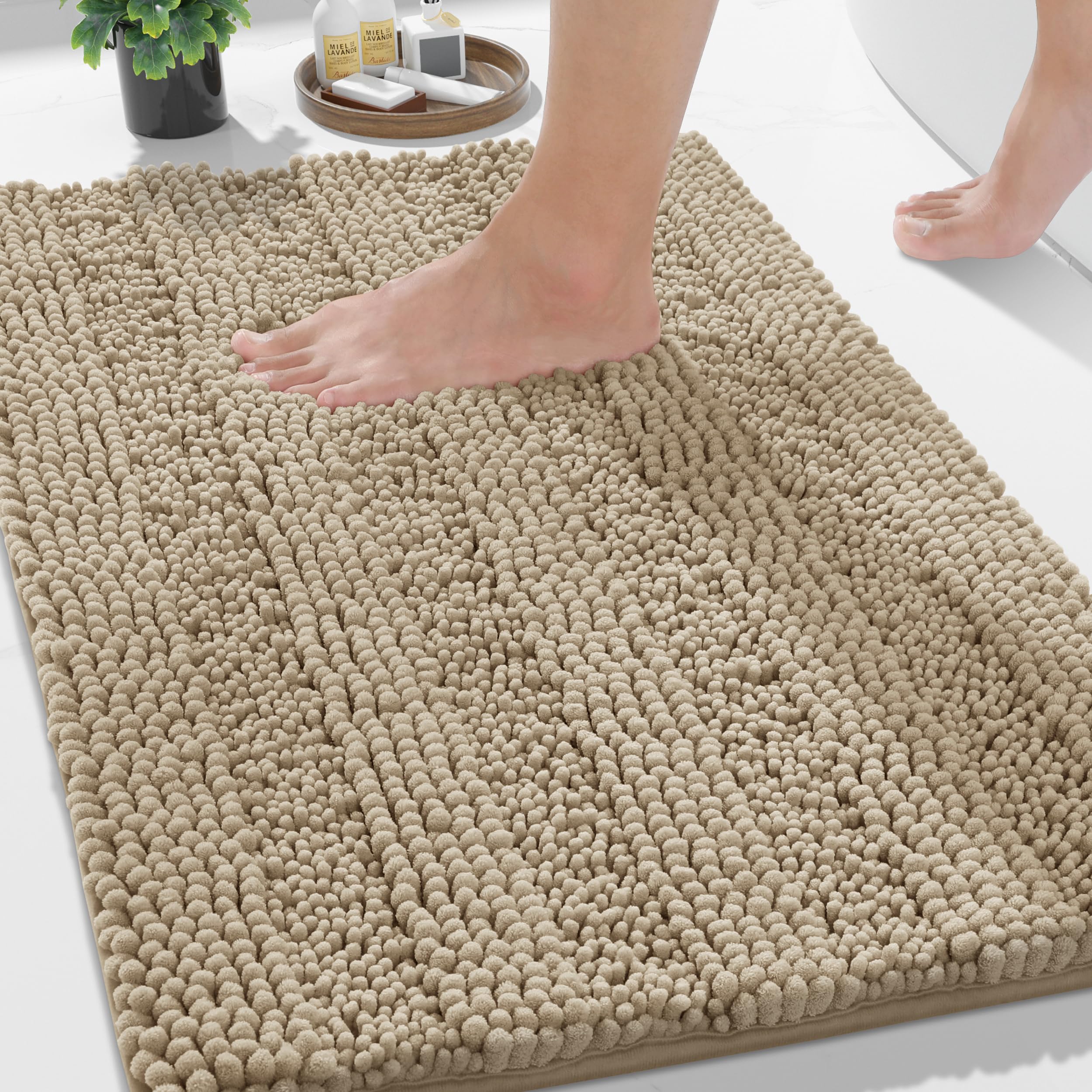 Photo 1 of Yimobra Bathroom Rug Mat 32 x 20, Non Slip and Super Absorbent Bath Mat,Machine Washable Quick Dry,Ultra Plush Chenille Shower Rugs for Bathroom Floor Sink Tub and Shower Outside,Camel