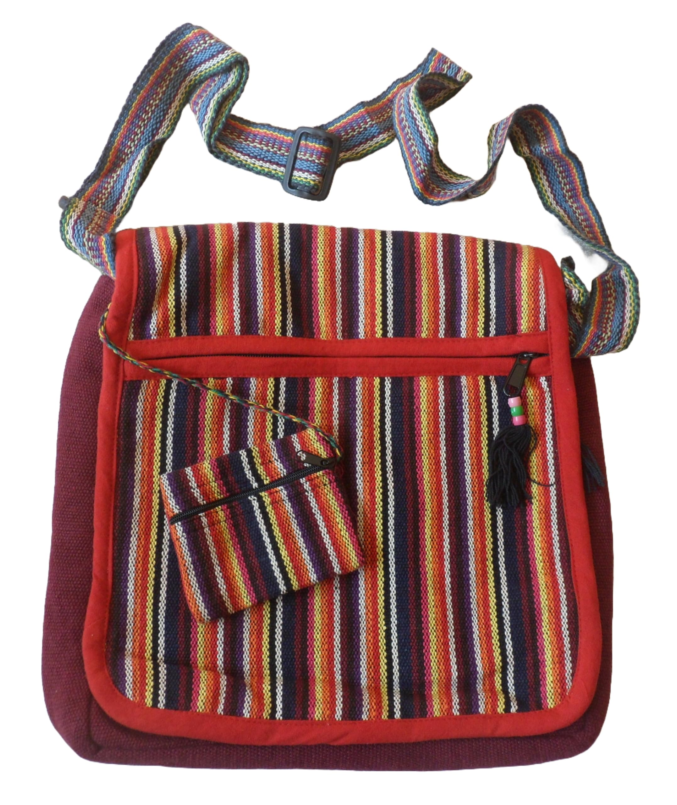 FAIR TRADE COTTON GHERI BEACH TRAVEL HIPPY BOHO FESTIVAL SHOULDER BAG & PURSE (Wine & Multi)(Size:M)