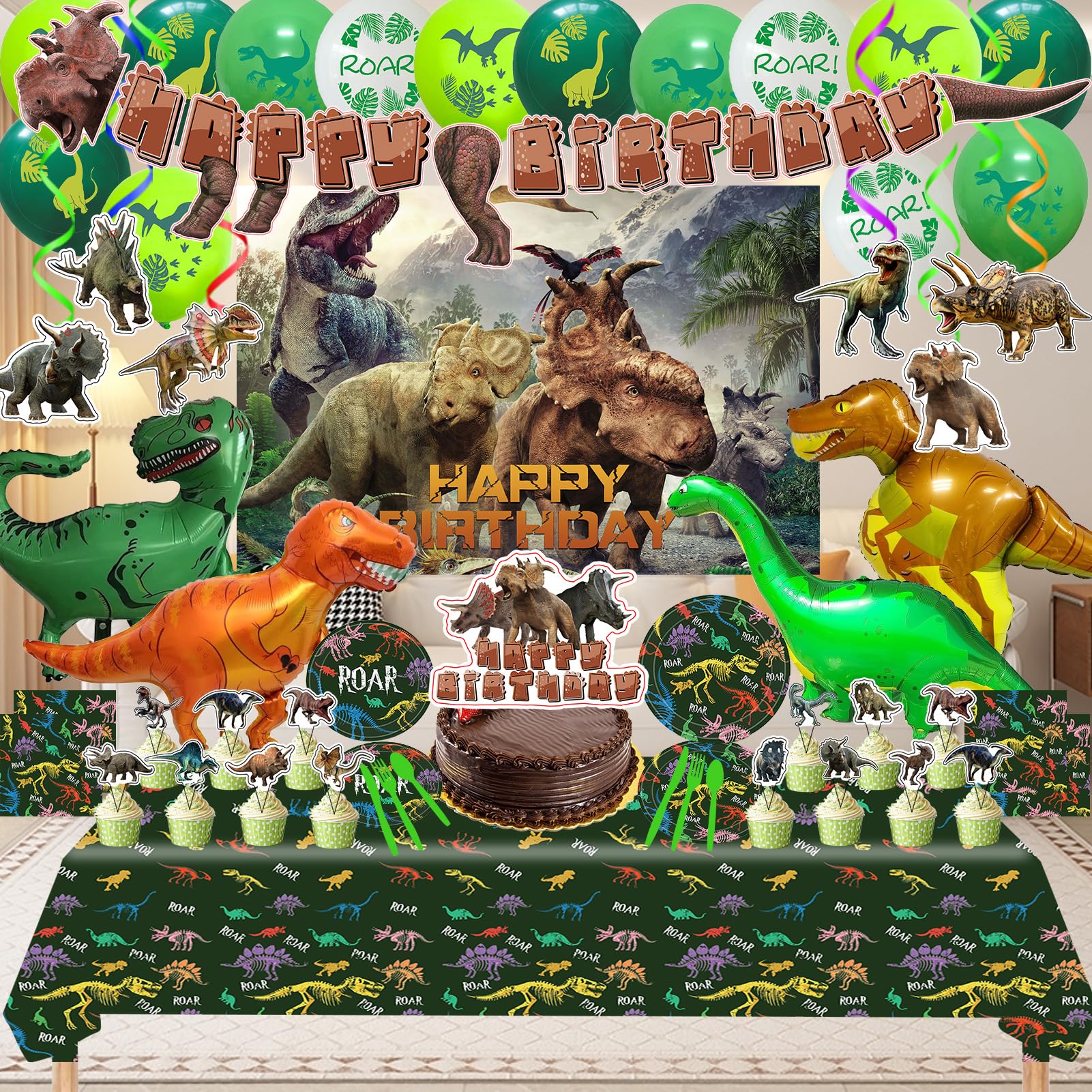 Photo 1 of Dinosaur Birthday Party Supplies, Dinosaur Style Decorations Include Backdrop, Tablecloth, Banners, Cake Decoration, Cupcake Toppers, Latex and Aluminum foil Balloons, Hanging Swirls, Tableware Set