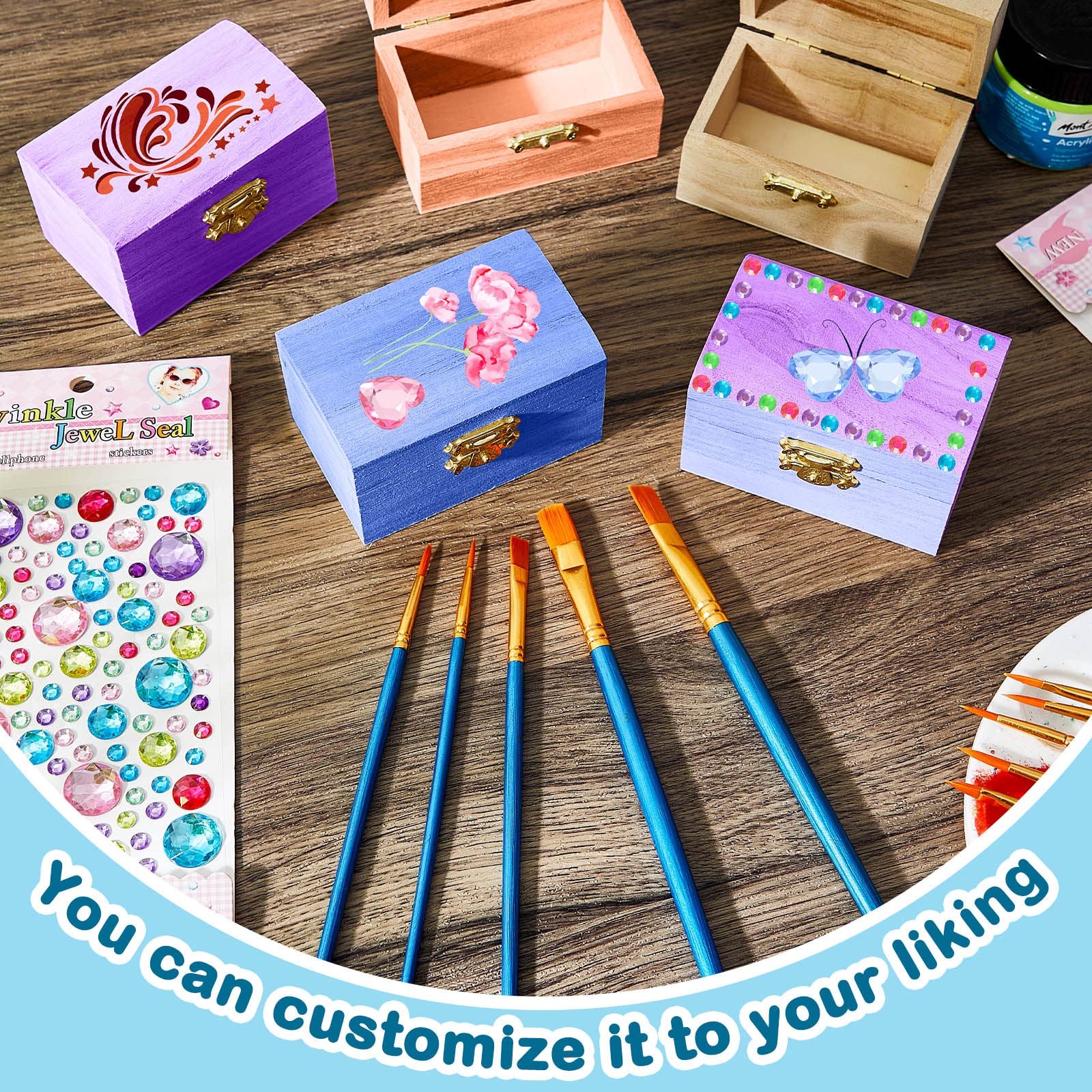 Leinuosen 15 Pcs Small Wooden Boxes with Hinged Lids 3.5 x 2.2 x 1.9 Inch Unfinished Wooden Treasure Chest Box 10 Pcs Paint Brushes with 2 Sheets Craft Gems Self Adhesive Rhinestones Stickers
