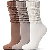 Toetally Pilates Socks with Grips for Women Long Slouch Non-Slip Yoga Barre Cushioned Workout Scrunch Socks 3 Pairs