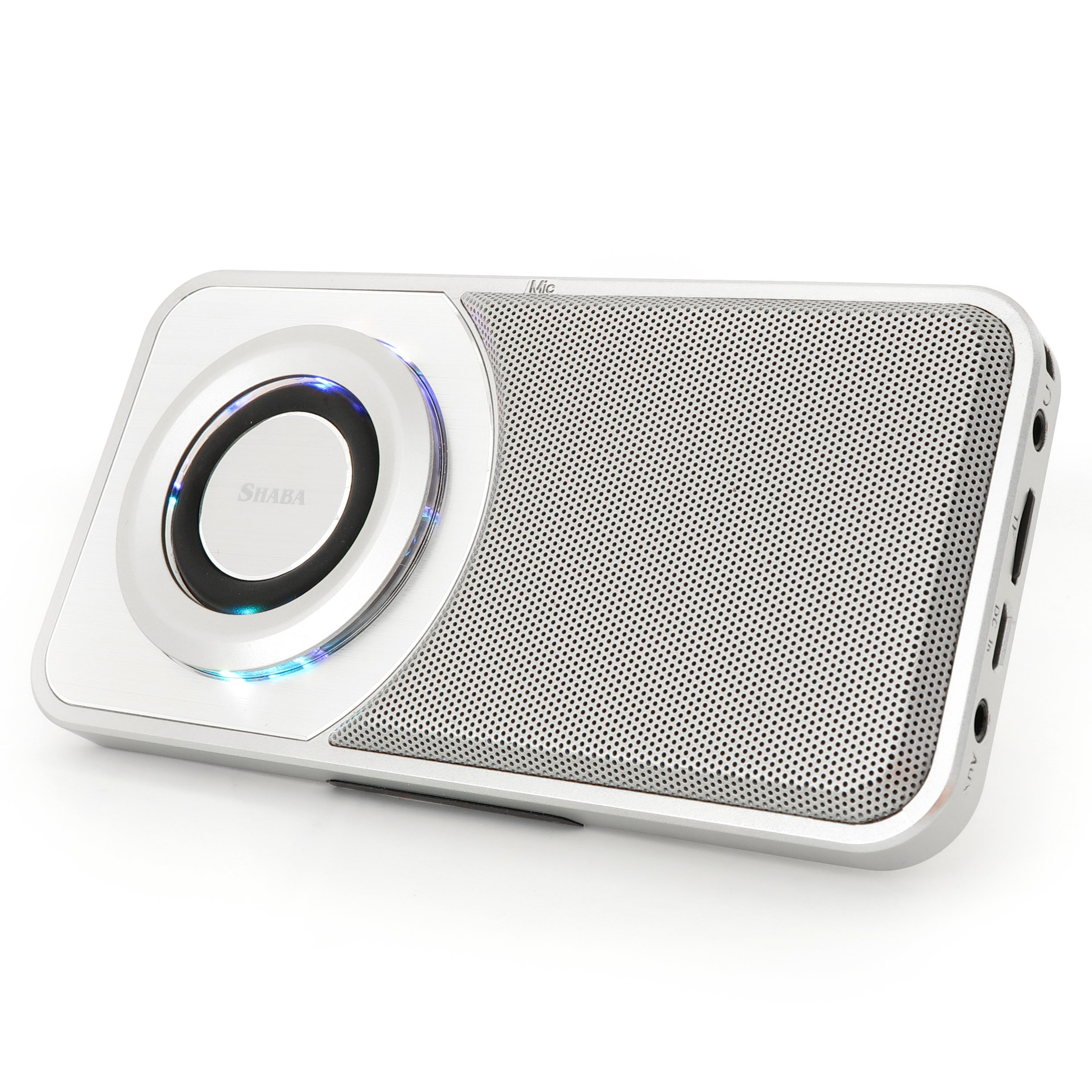 SHABA Ultra Slim Pocket Portable Bluetooth Speaker with Phone Stand, LED Light, TF Card, FM Radio, Speakerphone, Recorder (Sliver)