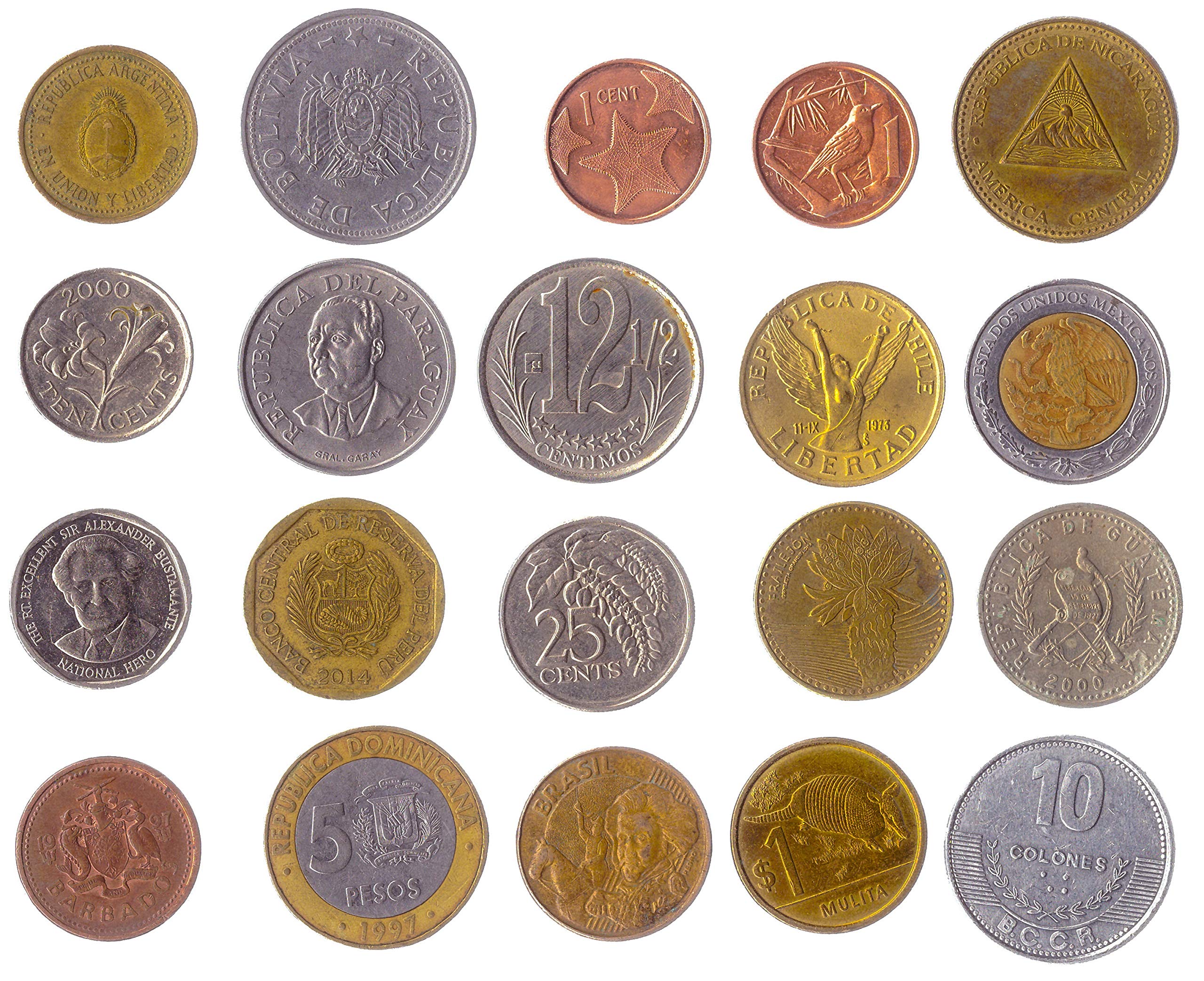 20 Different Coins from the Americas: Latin, Caribbean, Central, Northern, South