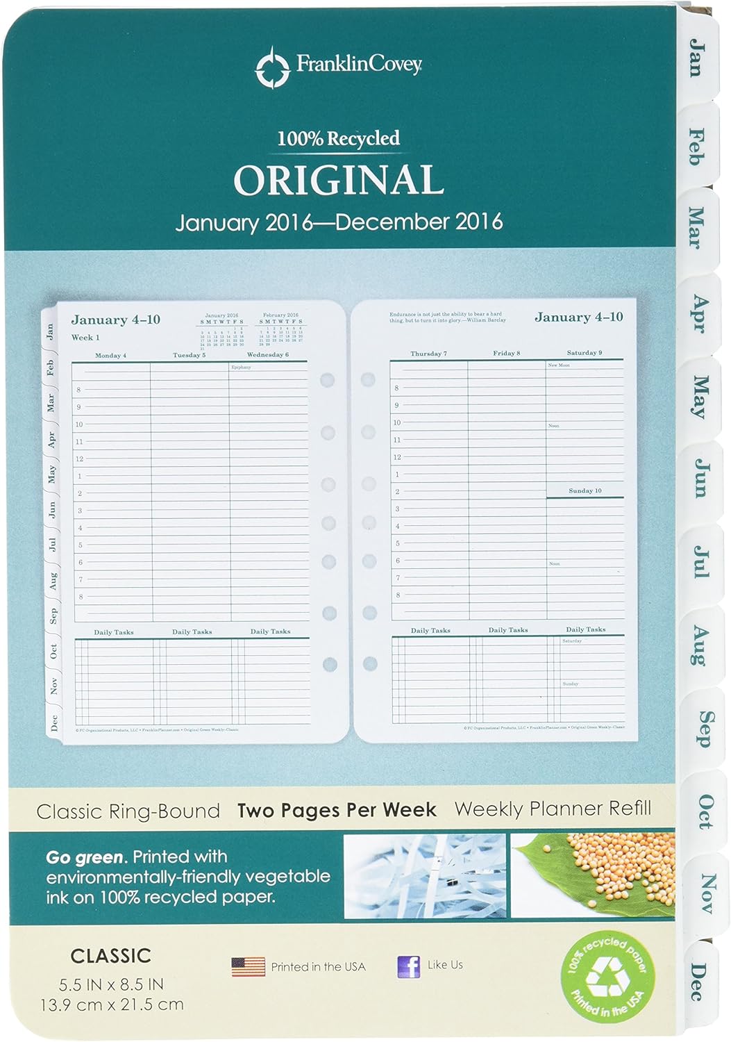 Franklin Covey Green Original Weekly Refills, Jan 2018