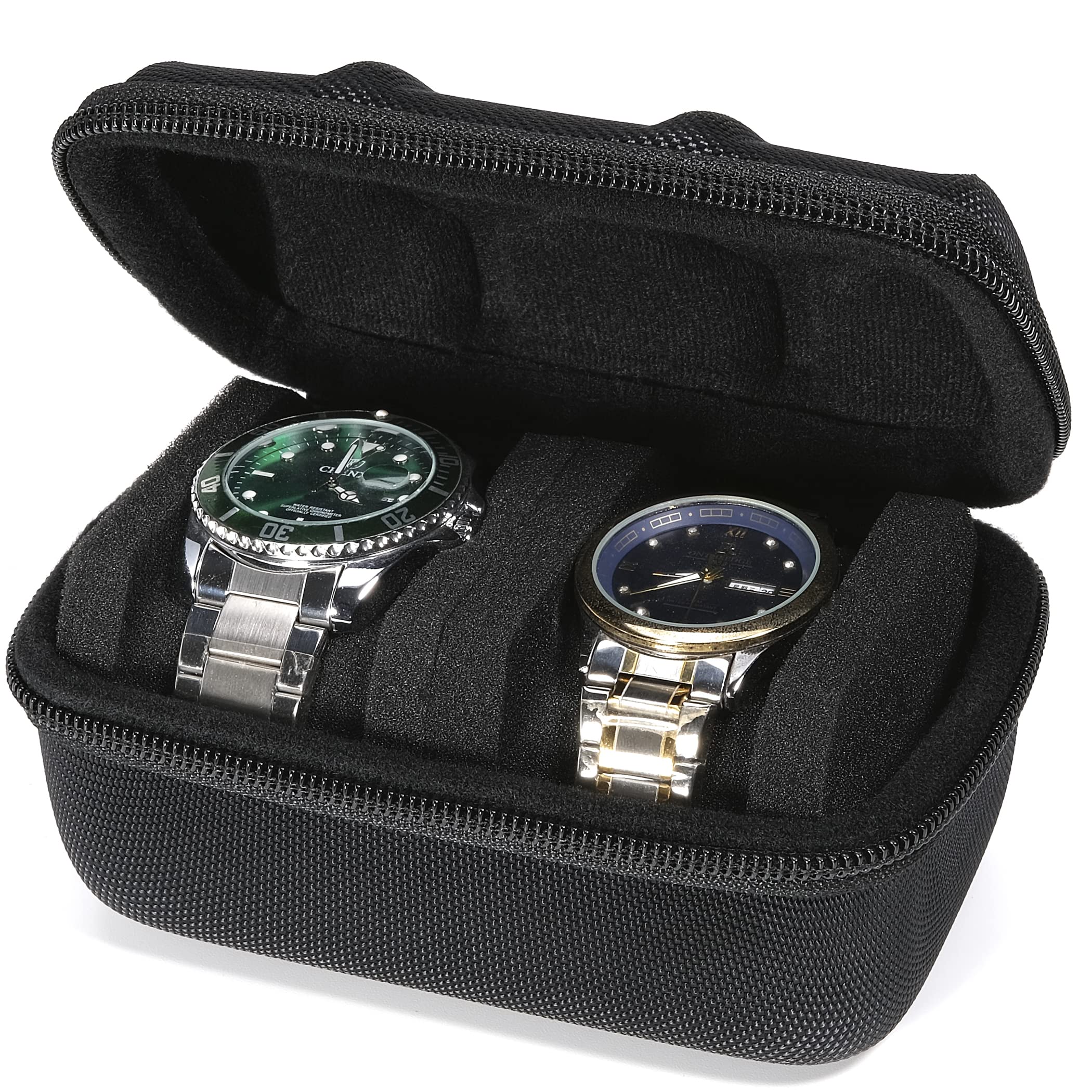 RIGICASE Hard single watch travel case, men's sports watch organizer box with flexible watch pillow (Black, 1 slot red lining)