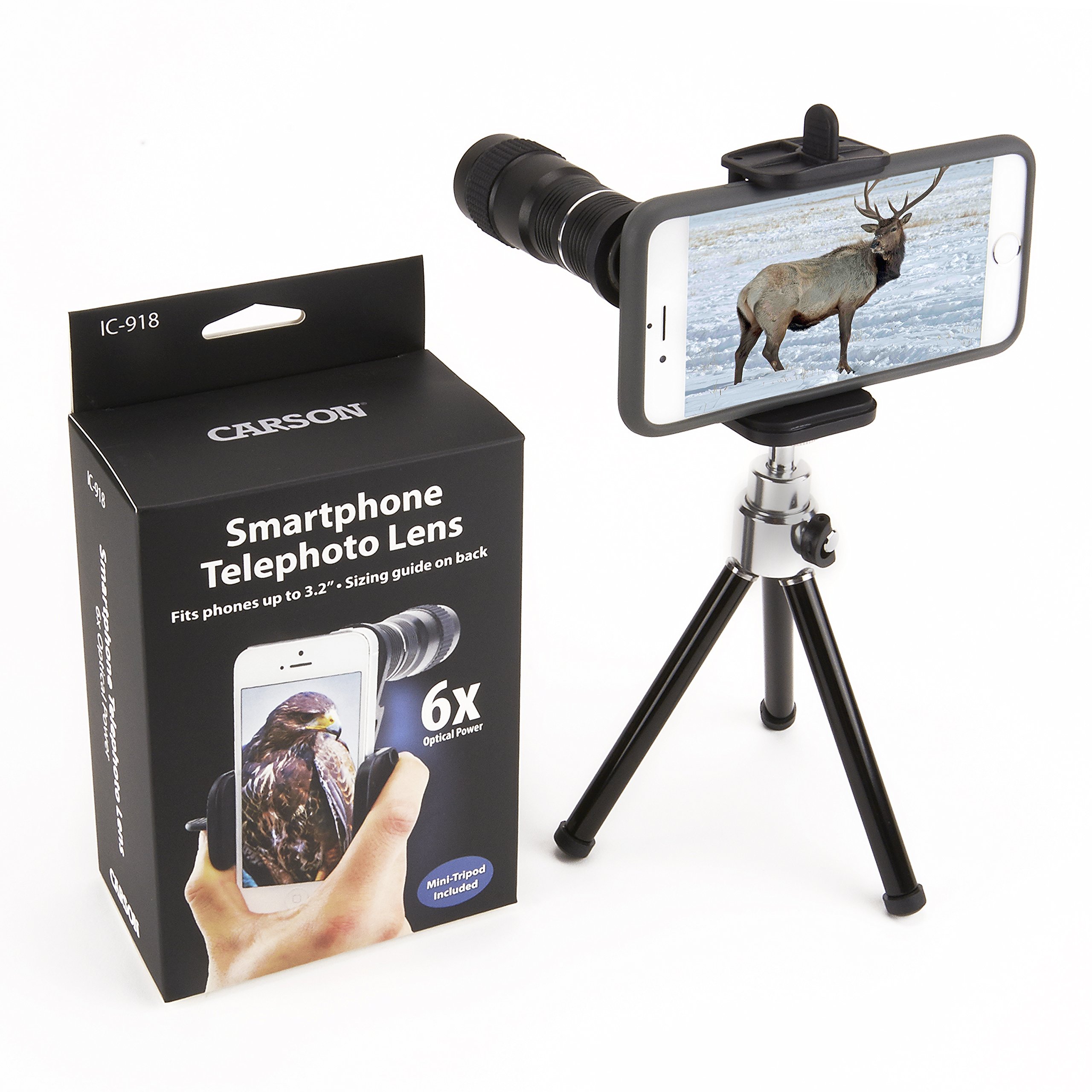 Carson IC-918 HookUpz Universal Smartphone Digiscoping Adapter with 6x18 mm Telephoto Lens Monocular and Mini Adjustable Tripod, Grey