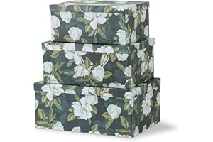 Soul & Lane Decorative Storage Cardboard Boxes with Lids | Midnight Gardenia - Set of 3 | Black Dramatic Paperboard Nesting Boxes