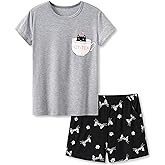 Tebbis Little & Big Girls Striped & Cat Pajama Set - Soft Modal Fiber 2-Piece Summer PJ’s in Sizes 6-18