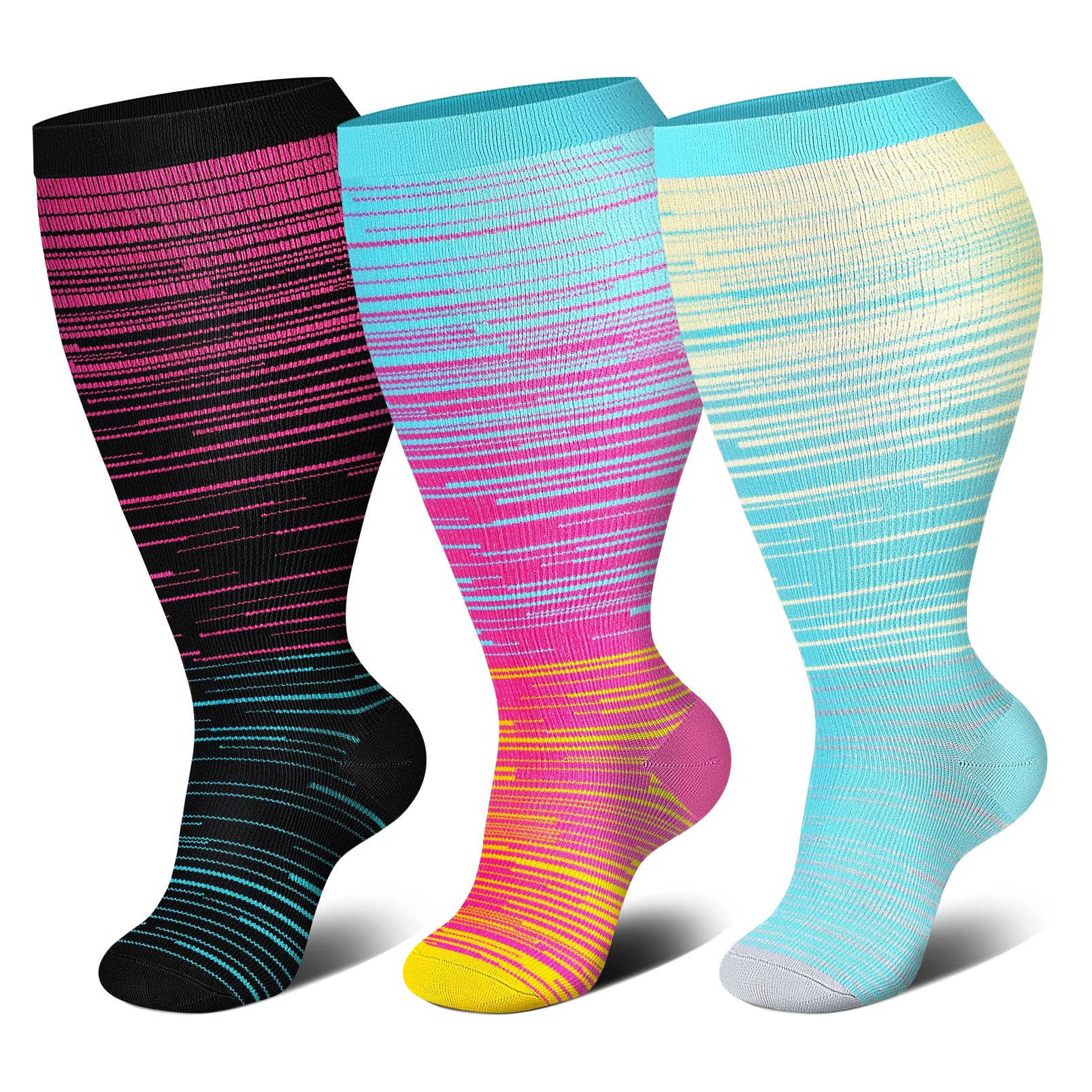 Photo 1 of 3 Packs Women Men Compression Socks Set Knee Hight Graduated Stocking Calcetas Medias Compresion Para Mujer Hose Travel Flight Sports Excise Must Haves New Mom Birth Gifts Striped Red Green Pink L/XL