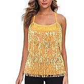 MANER Women’s Sequin Fringe Top Sparkly Party Tank Top Tassel Trim Cami
