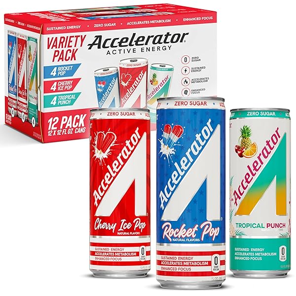 ACCELERATOR ENERGY DRINK, VARIETY PACK 12OZ CAN (12 PACK), ZERO SUGAR, SUSTAINED ENERGY FROM 100% NATURAL CAFFEINE (200MG FROM GREEN COFFEE BEAN & GREEN TEA EXTRACT)