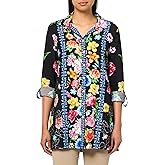 john mark womens Printed Button Front Tunic With Roll Tab Sleeves