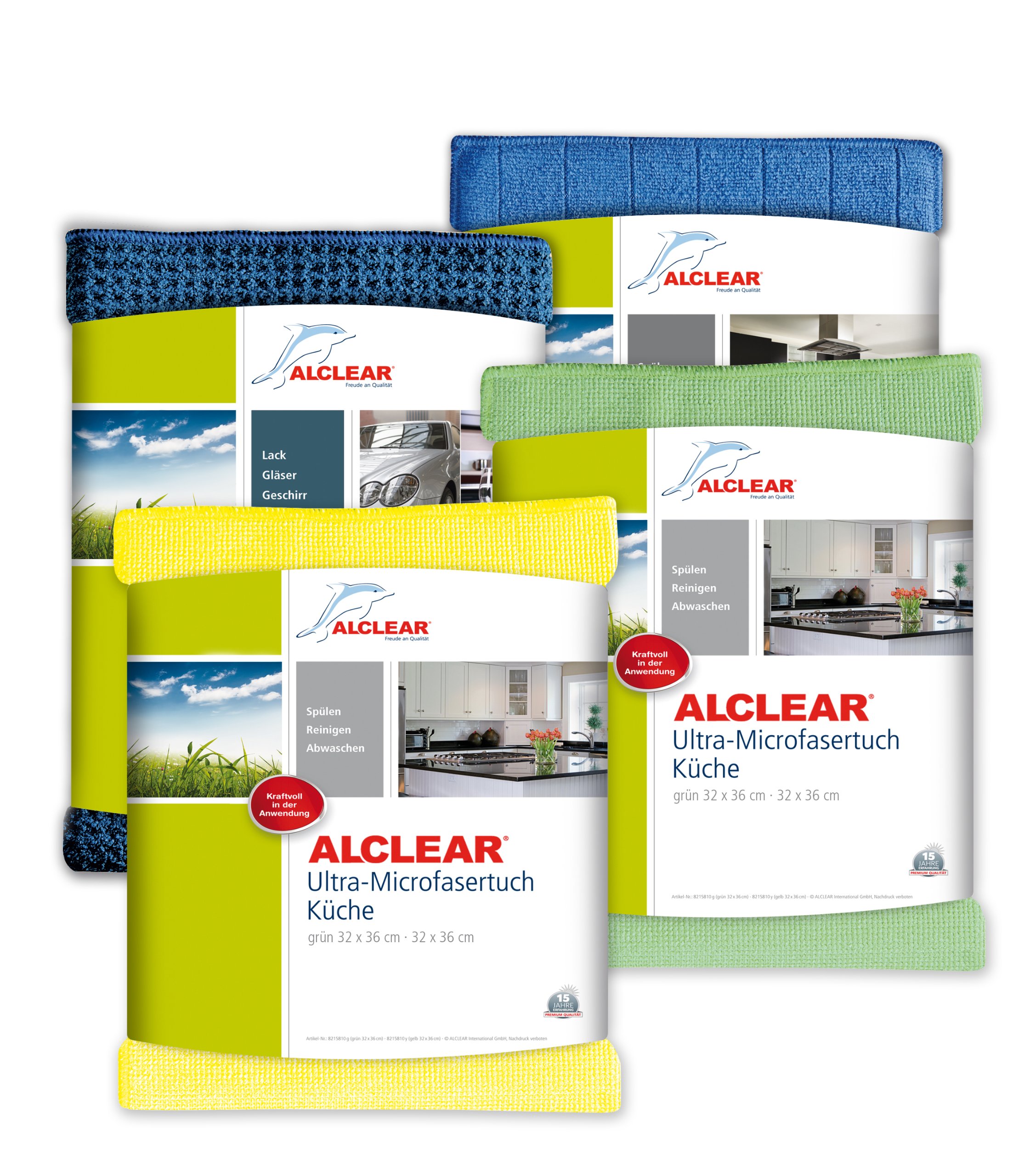 ALCLEAR 961000 Kitchen Set Containing Ultra-Microfibre Kitchen Towels, Set Of 4, Each 32 X 36 Cm, Drying Towel, Waffle Cloth, Antibacterial Dishwashing Sponge Cloth