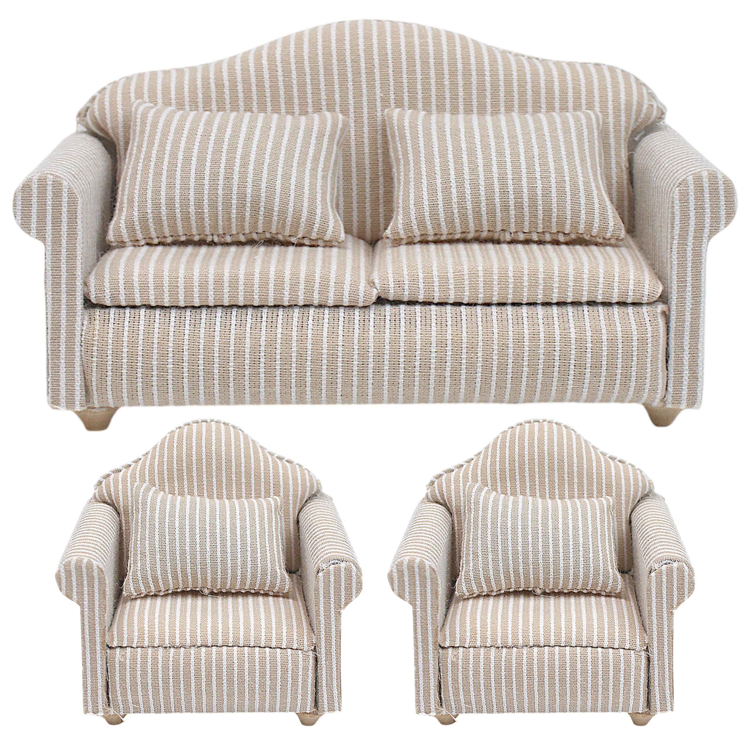 Photo 1 of 3pcs Dollhouse Couch, 1/12 Scale Living Room Furniture Accessory, Timeless Classic Miniature Double & Single Couch with Pillow, Upholstered Sofa Armchair Set Accessories for Bedroom Sectional Décor