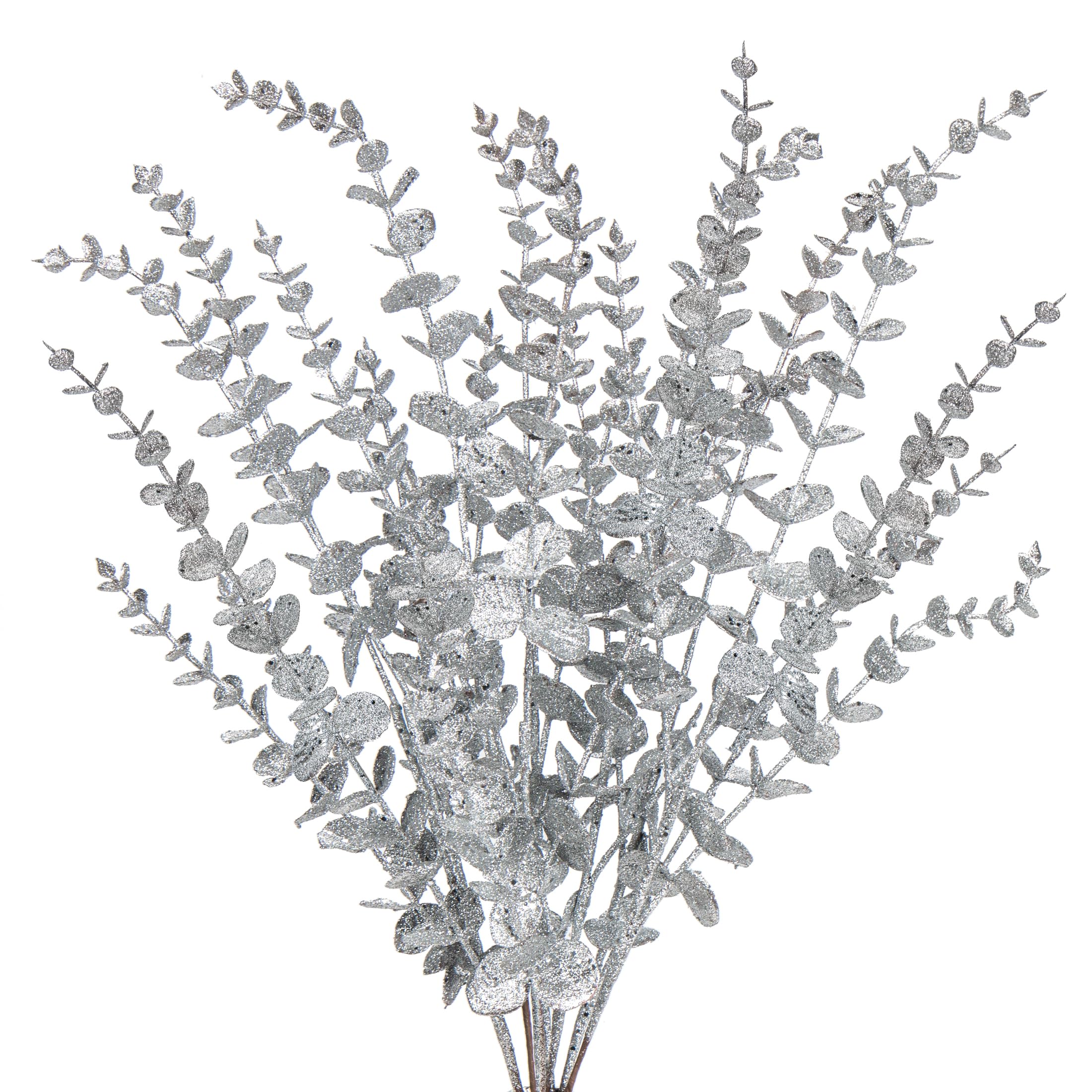 8PCS Christmas Eucalyptus Leaves Glitter Eucalyptus Stems, 65CM Silver Artificial Christmas Tree Decorations, Fake Foliages Xmas Ornaments for Wedding, Party, Flower Arrangement, Wreath, Garland Decor