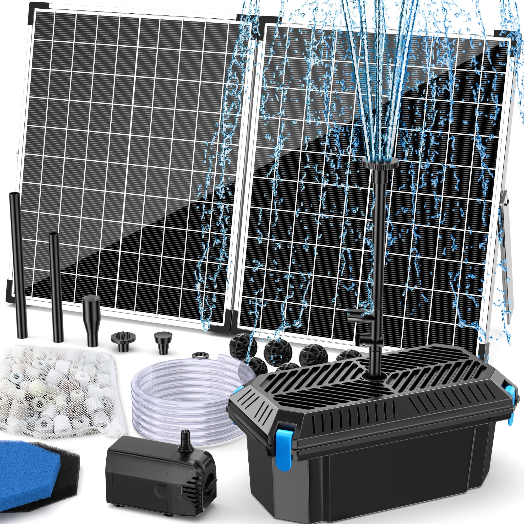 Photo 1 of Antfraer Solar Fountain Pump with Pond Filter Kit, 40W Panel Solar Pond Pump with Pond Filter Box, Pond Filter for Outdoor Pond Garden Fountains Waterfalls DIY Water Feature