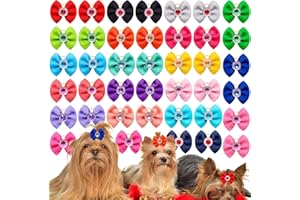 Mruq pet 50pcs Pet Small Dog Hair Bows, Bulk Solid Color Puppy Dog Hair Bows with Rubber Bands, Mix Handmade Yorkie Dog Bows with Rhinestone for Doggie Cat Bunny Hair Grooming Accessories