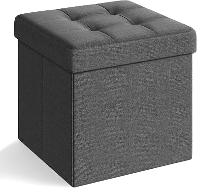 SONGMICS MAZIE Storage Ottoman Cube 38 cm Foldable Foot Stool Dark Grey