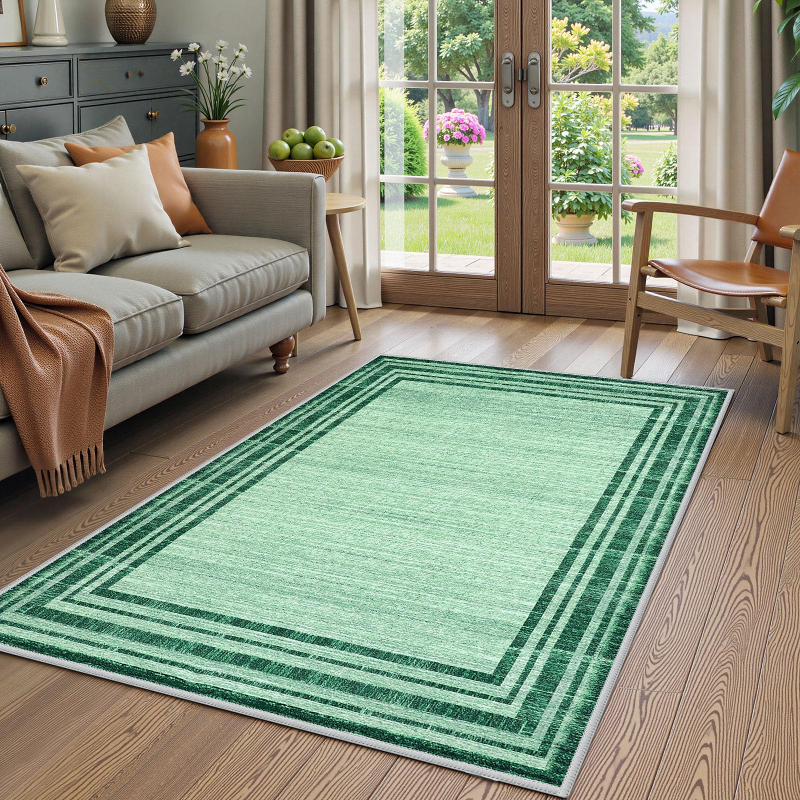 Photo 1 of Lahome Modern Abstract Rugs for Living Room, Machine Washable Ultra-Thin 5x7 Bedroom Area Rug Non-Slip, Stain Resistant Soft Green Floor Carpet for Kitchen Kids Playroom Home Office