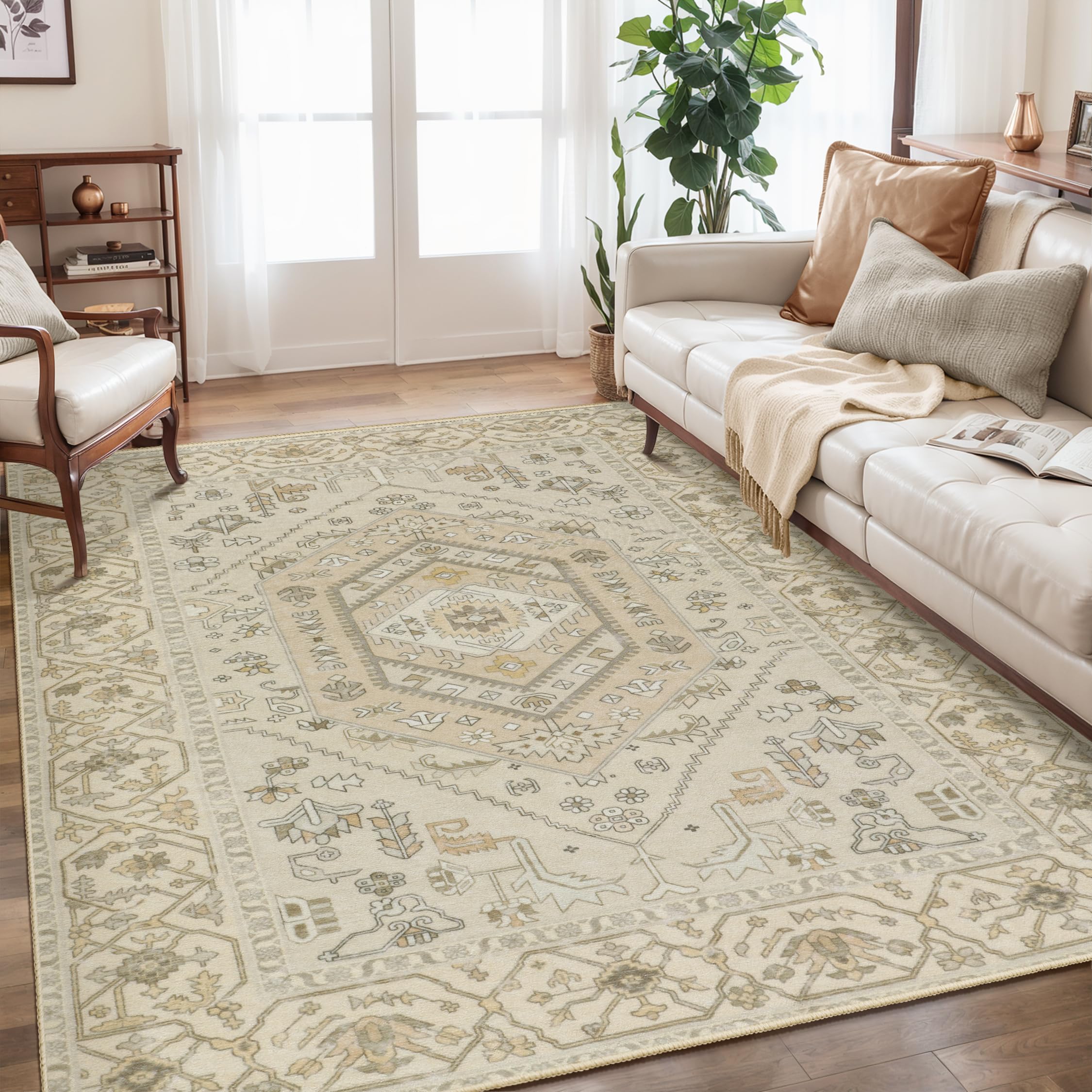 SERISSA 5x7 Boho Area Rug, Washable Non-Slip Rugs for Living Room, Large Beige Rug Ultra Soft Vintage Farmhouse Print Distressed Carpet for Bedroom Dining Room Dorm Office Home Decor Image