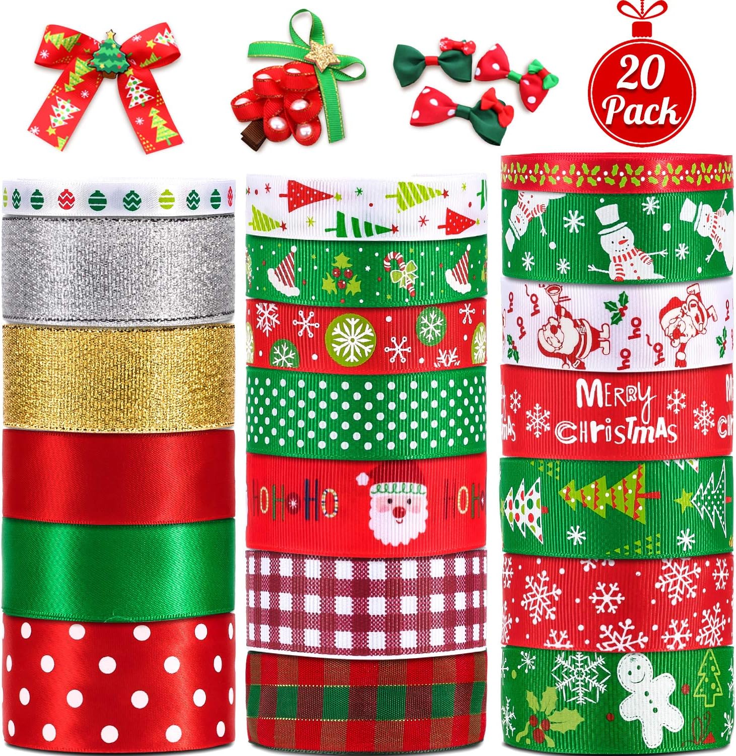 Whaline 20 Assorted Christmas Ribbons, Grosgrain Satin Fabric Ribbon for DIY Crafts, Holiday