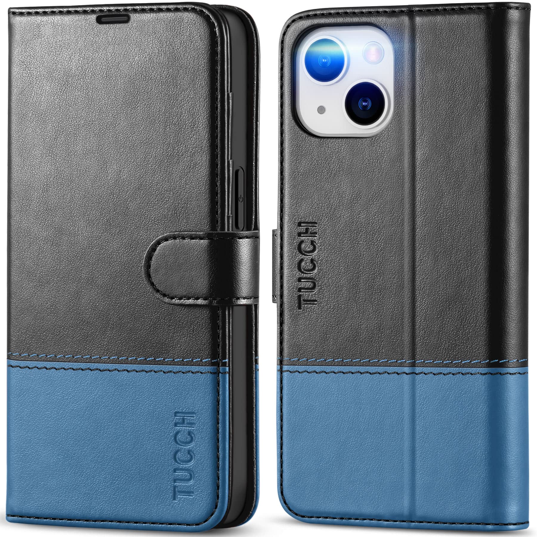 TUCCH Wallet Case for iPhone 14 (6.1") 2022 5G, Protective Magnetic PU Leather Flip Phone Cover with[RFID Blocking][Shockproof TPU][Credit Card Slots] Compatible with iPhone 14, Black & Light Blue