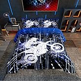 Feelyou Kids Blue Dirt Bike Comforter Set Twin Size, Extreme Sports Comforter Boys Girls Racing Motocross Rider Bedding Set Motorcycle Teens Duvet Set Bedroom Decor Microfiber Bed Set