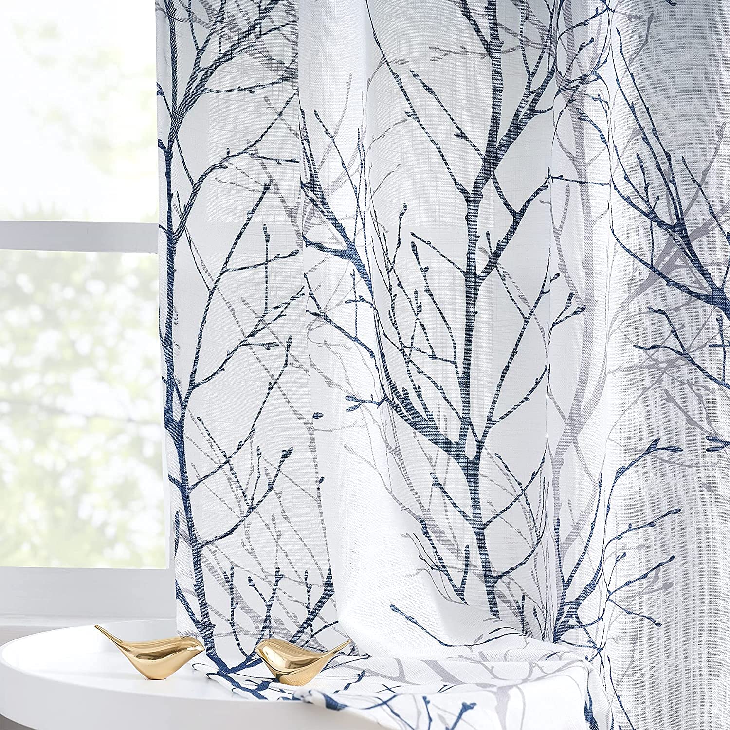 Fmfunctex Blue Semi Sheer Curtains for Bedroom 72 Drop Grey Voile Curtains for Living Room Tree Branch Eyelet Curtain Linen Textured Light Filtering Window Curtain Drapes for Dining Room 2 Panels