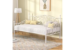 VECELO Twin Daybed Frame, Metal Day Bed with Classic Headboard, Multifunctional Platform Beds for Bedroom, Living Room, Guest Room, No Boxing Spring Needed, White