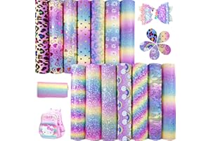 Shalun Light Pink Rainbow Faux Leather Chunky Fine Glitter PU Canvas Sheets 8x12inch Holographic Colorful Leopard Print Disney Princess Girl Vinyl Fabric for Cricut Bows Craft