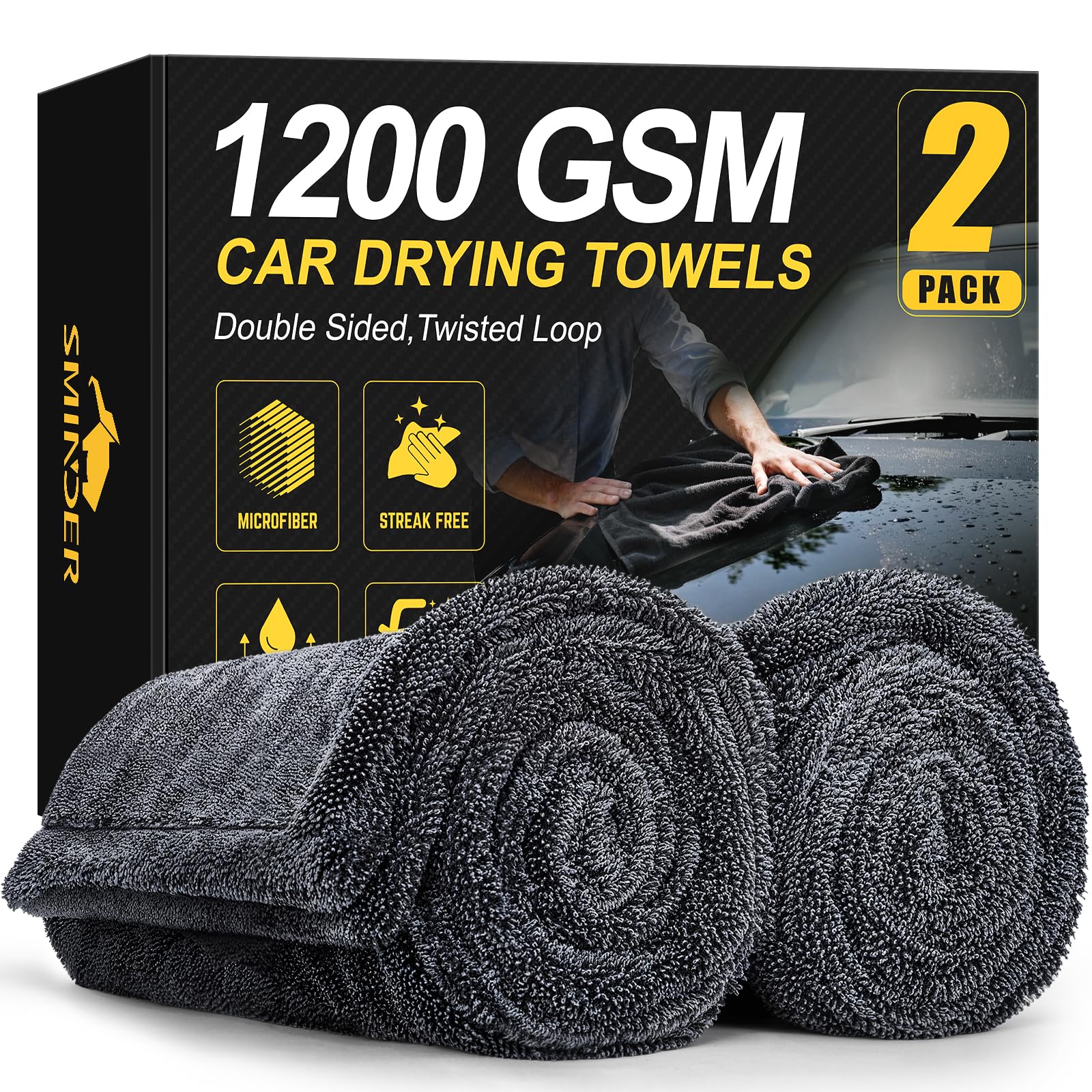 Photo 1 of SMINDER 2-Pack 1200 GSM Car Drying Towels – Microfiber Towels for Cars (36" x 24"), Ultra-Absorbent, Streak-Free, Scratch-Free, No Water Spots, Double-Twist Pile & Edgeless Design