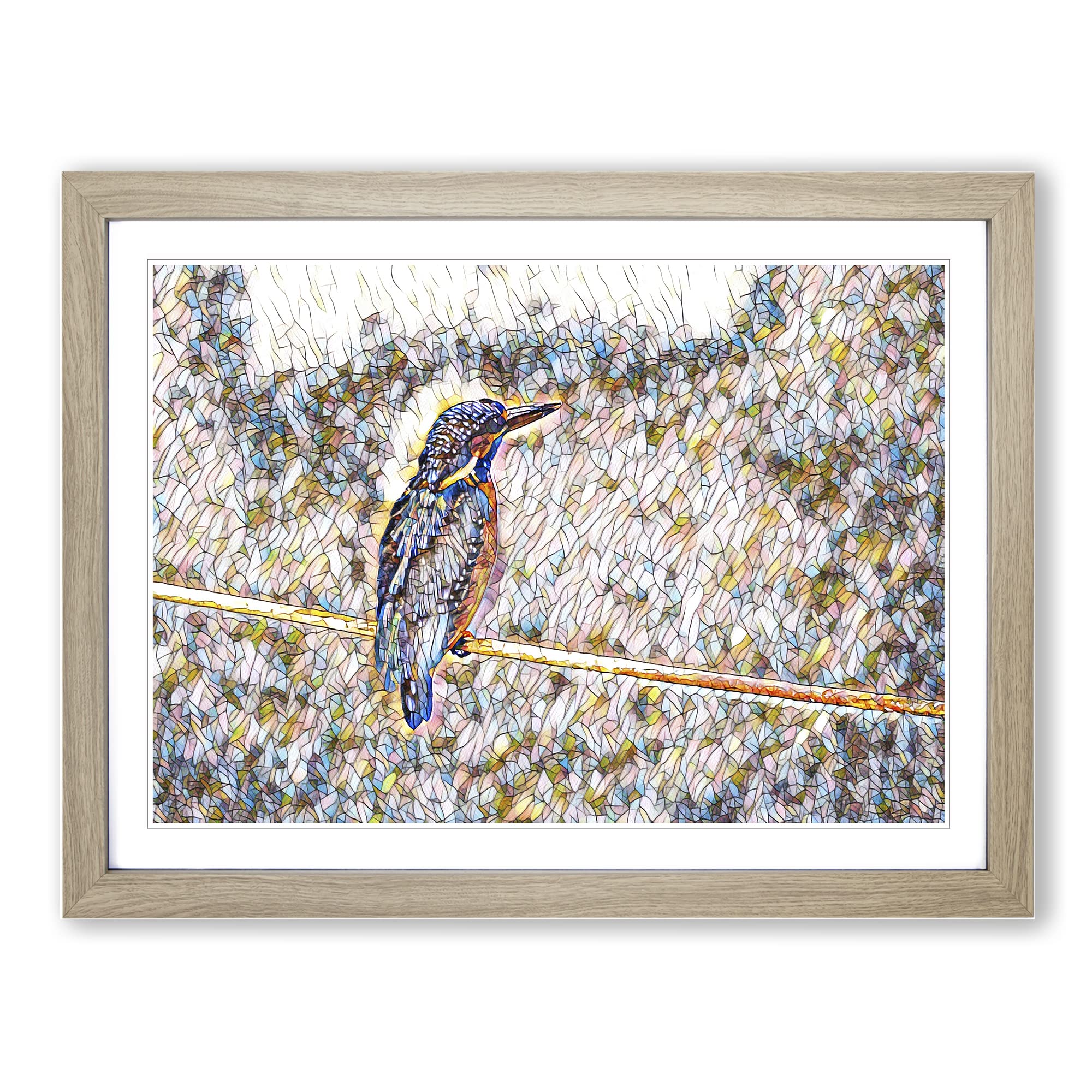 Kingfisher 2 Modern BG Framed Print | A4 Oak Framed Wall Art | Ready to Hang | Modern Nature Picture | Living Room Bedroom Lounge Office